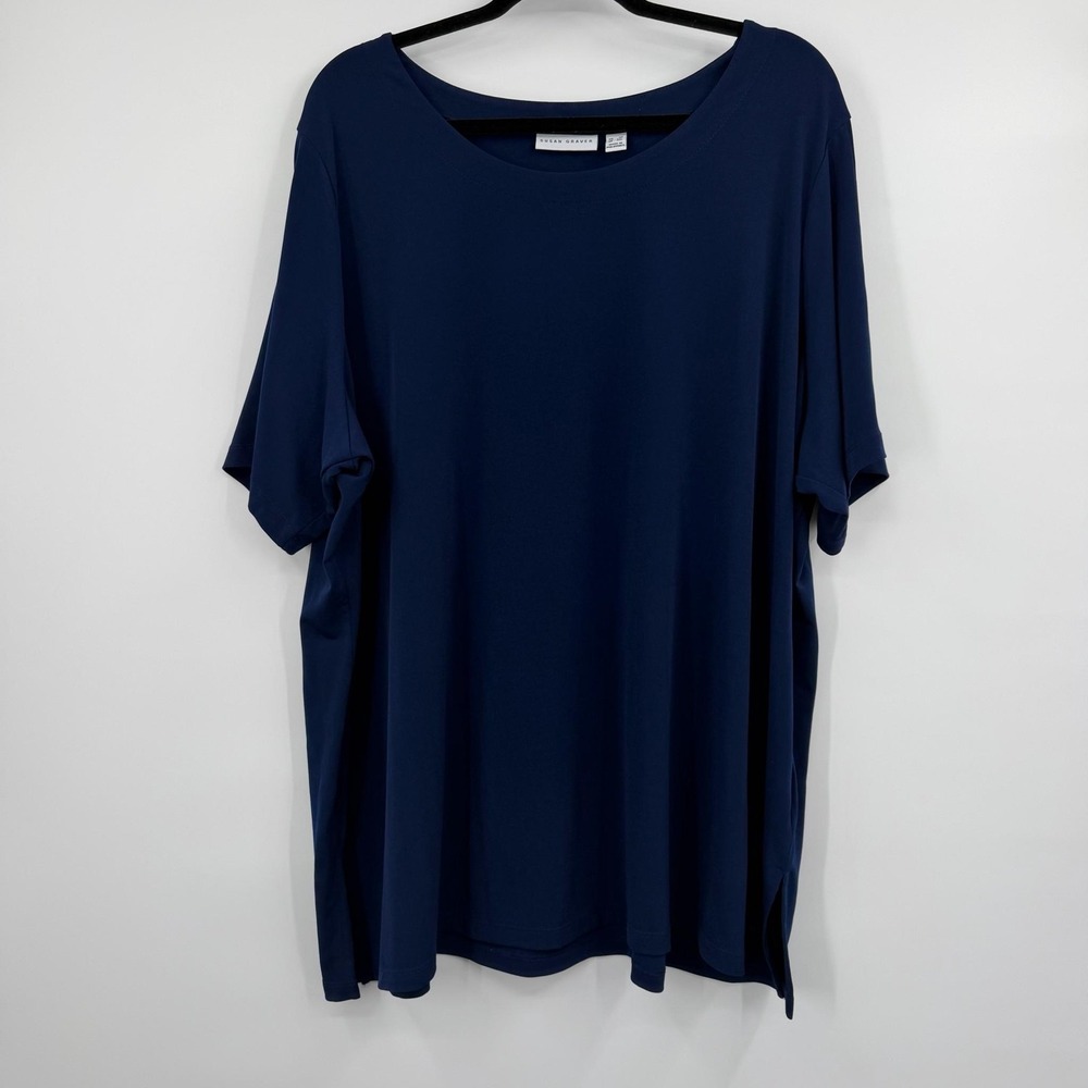 Susan Graver Tunic Womens 3X Navy Blue Sleeve Button Accent Liquid Knit Slinky
